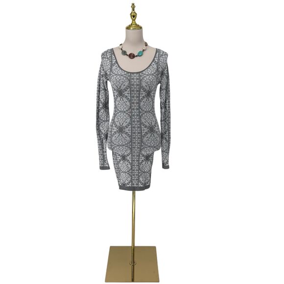 Free People Seamless Bodycon Dress MEDIUM LARGE Intimately Ivory Gray Jacquard - Picture 2 of 12